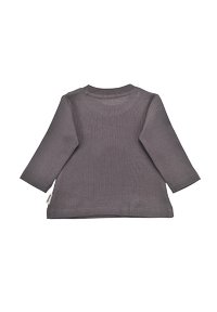 Graues, geripptes Langarmshirt mit rundem Ausschnitt und geradem Saum. Verfügt über ein kleines Markenetikett an der Seite. Weicher, strukturierten Stoff.