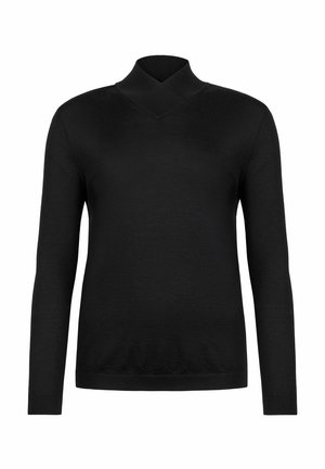 Schwarzer Langarm-Pullover mit einem Überkreuzkragen-Design. Weiche, glatte Textur mit einer figurbetonten Form und minimalen Nähten.