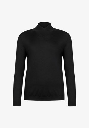 Pullover nero a maniche lunghe con un design a colletto incrociato. Texture morbida e liscia con una forma aderente e cuciture minime.