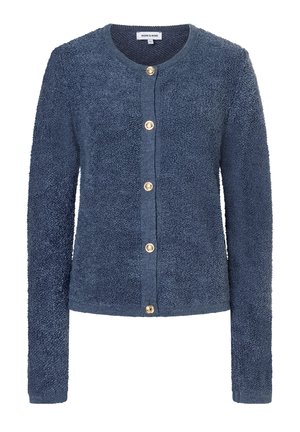 Navy blue textured cardigan featuring long sleeves, round neckline, and gold buttons on the front. Soft fabric with a cozy appearance.
