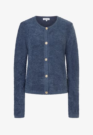 Navy blue textured cardigan featuring long sleeves, round neckline, and gold buttons on the front. Soft fabric with a cozy appearance.