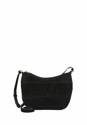 Schwarze Wildleder-Crossbody-Tasche mit geschwungener Form, ausgestattet mit einer strukturierten Oberfläche, verstellbarem Tragegurt und subtiler Markenprägung an der Seite.