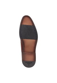 Bruine leren schoenenzool met een patroon van rubber, ronde hak en "McGregor New York 43" verdiept aan de onderkant.