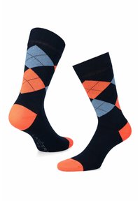 Dwie pary granatowych skarpetek z geometrycznym wzorem pomarańczowych i jasnoniebieskich diamentów, z kontrastującymi pomarańczowymi akcentami na palcach i piętach.