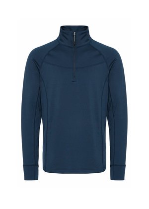 Navy quarter-zip pullover in stretch fabric, featuring long sleeves, flatlock seams, and a stand-up collar for a sleek design.