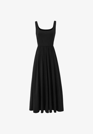 Robe maxi noire sans manches avec corsage ajusté, encolure carrée et jupe fluide froncée.