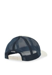 Marineblaues Mesh-Back-Cap mit weißer Vorderseite, verstellbarem Riemen und "SEASIDE"-Label an der Seite. Geschwungene Schirmform.
