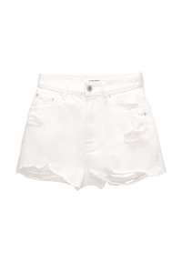 White denim shorts with a high waist, frayed hem, and distressed details on the front. Features metal button and five-pocket design.