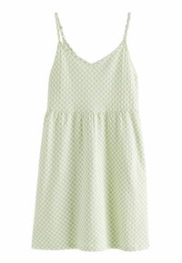 Robe d'été vichy vert clair avec fines bretelles, encolure en V, corsage ajusté et jupe ample, présentée sur un fond blanc uni.
