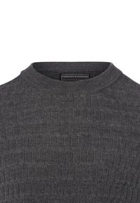 Grauer Merinowollmix-Pullover mit strukturiertem Muster, geripptem Ausschnitt und einem Etikett mit der Aufschrift "Finshley & Harding."