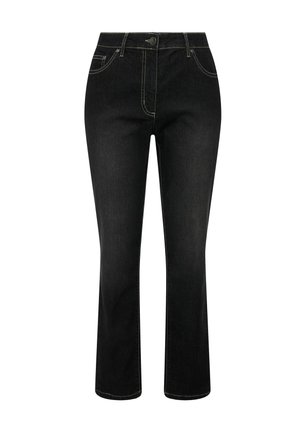 Schwarze Jeans aus Denim mit geradem Schnitt, mit kontrastierenden hellen Nähten, einer Knopfverschluss und Fronttaschen. Keine Verzierungen.