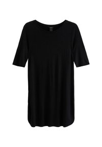 Kortärmad svart tunika gjord av mjuk jersey, med rund halsringning, flödande design och sidoflikar för enkel rörelse.