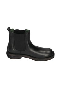 Black leather Chelsea boot with elastic side panels and a green lining. Features a round toe and a stacked wooden heel.