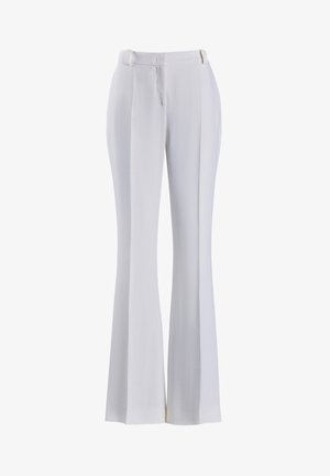 White flared trousers made of lightweight fabric with a smooth texture, featuring a high waist and side pockets. Simple, clean design.