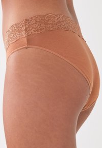 Rudi medvilniniai apatiniai su nėrinių juosmens juosta. Audinys atrodo lygus su subtiliu blizgesiu. Turi siūtas kraštines patvarumui užtikrinti.