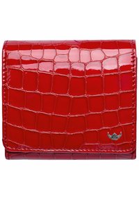 Portefeuille en cuir verni rouge avec un motif crocodile, arborant un accent en logo argenté. Design compact et pliable avec une surface texturée.