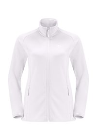 Giacca in pile bianca con colletto alto, zip frontale e tasche laterali. Texture liscia con un sottile logo del marchio sul petto.