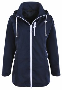 Marineblaue wasserdichte Jacke mit hohem Kragen, weißen Reißverschlüssen und Kordeln. Verfügt über Seitentaschen und verstellbare Bündchen. Glatte Textur.