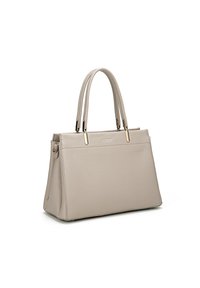 Beige leren totebag met twee handvatten aan de bovenkant, gestructureerd ontwerp en accenten van goudkleurige hardware. Gelaagd oppervlak voor duurzaamheid.