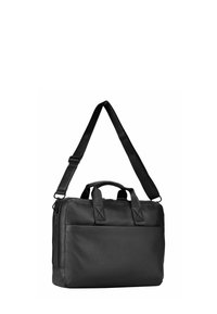 Schwarze Ledertasche für Laptops mit zwei oberen Griffen, verstellbarem Schultergurt, Reißverschlussverschluss und Fronttasche mit geraden Kanten.