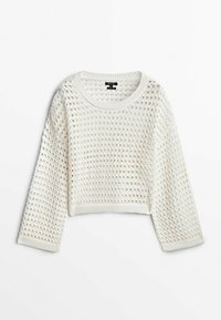 Valkoinen neulottu villapaita, jossa on löysä, lyhennetty muotoilu ja timanttikuvio sekä ribbaus hihansuissa ja helmassa. Pehmeä, kevyt rakenne.