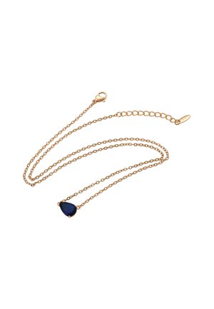 Halskette aus goldfarbener Kette mit einem tropfenförmigen blauen Steinanhänger. Material: Metall mit glatter Oberfläche; mit Verschluss.