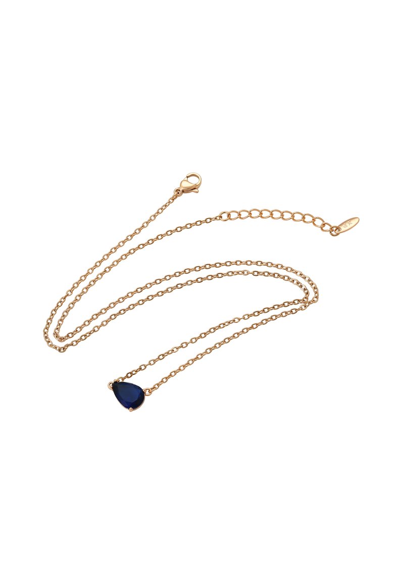 Halskette aus goldfarbener Kette mit einem tropfenförmigen blauen Steinanhänger. Material: Metall mit glatter Oberfläche; mit Verschluss.