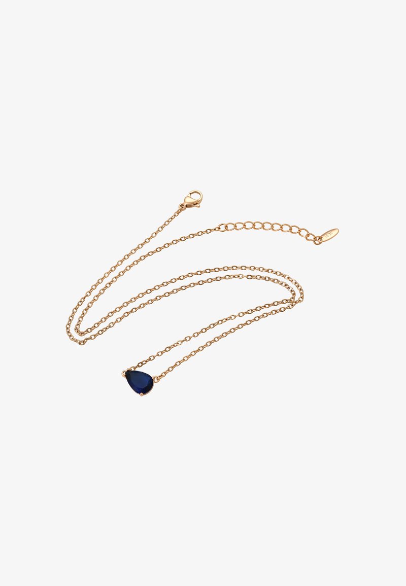 Halskette aus goldfarbener Kette mit einem tropfenförmigen blauen Steinanhänger. Material: Metall mit glatter Oberfläche; mit Verschluss.