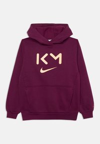 Felpa bordeaux con tasca a marsupio frontale, polsini a coste e un grande logo beige con "KM" e il baffo Nike sul petto.