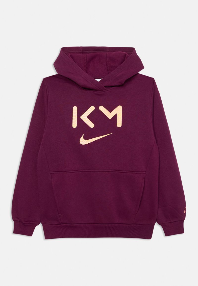 Felpa bordeaux con tasca a marsupio frontale, polsini a coste e un grande logo beige con "KM" e il baffo Nike sul petto.