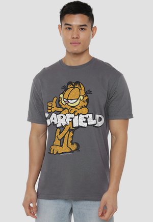 Gray cotton t-shirt featuring a large cartoon illustration of a thumbs-up Garfield, with bold white lettering of "GARFIELD" below.