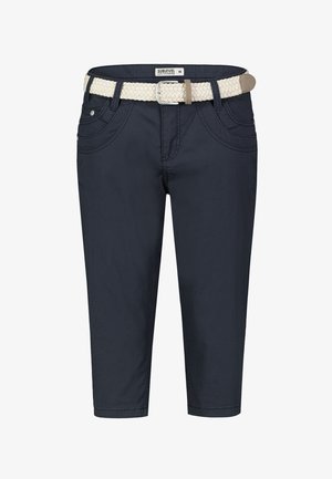 Marineblauwe cropped broek met een geweven beige riem, voorzakken, riemlussen en een ritssluiting, maat medium.