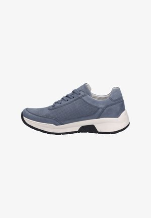 Gray suede sneaker with perforated detailing, lace-up design, white midsole, and black rubber outsole. Side view highlights clean lines.