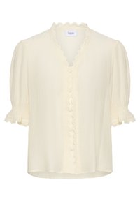 Kremasta bluza s kratkimi balonastimi rokavi, obrobo iz čipke v obliki valov ob V-izrezu in sprednji vrstici gumbov ter z nabranimi manšetami.