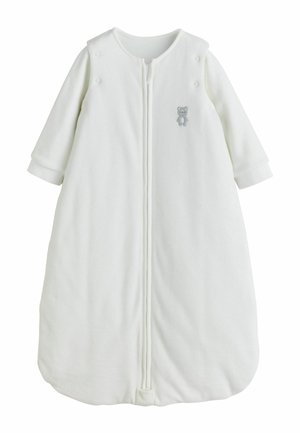 White long-sleeve baby sleep sack with front zipper and small gray teddy bear embroidery on left chest.