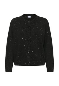 Fekete kardigán fémes pöttyökkel, gombos elülső résszel, bordázott nyakkivágással és mandzsettákkal, laza szabású, texturált kötött mintával.