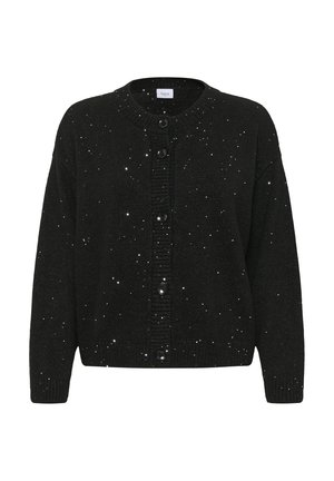 Zwarte cardigan met metallic spikkels, knoopsluiting aan de voorkant, geribbelde halslijn en manchetten, losse pasvorm en een gestructureerd breipatroon.