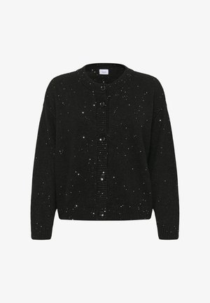 Czarny kardigan z metalicznymi drobinkami, zapinany na guziki z przodu, z prążkowanym dekoltem i mankietami, luźnym krojem oraz teksturowanym wzorem dzianiny.
