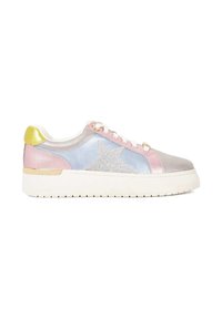 Colorful sneaker with a metallic finish, featuring blue, pink, and silver panels. Glittery silver star detail and gold heel accent. White sole.