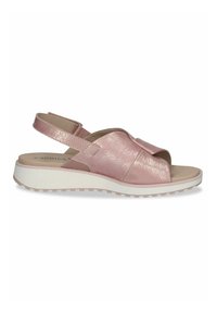 Roza metalna sandala z odprtim prstom, nastavljivim slingback trakom in belo platformo z teksturiranim oprijemom.