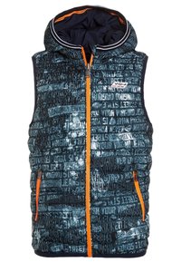 Vadderad väst med huva. Mörkblått tyg med kontrasterande ljusa mönster och orange dragkedjor. Två sidofickor och logodetalj på bröstet.