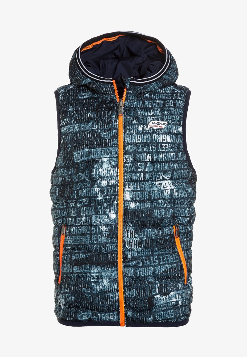 Gepolsterte Weste mit Kapuze. Dunkelblauer Stoff mit kontrastierenden hellen Mustern und orangen Reißverschlüssen. Zwei Seitentaschen und Logodetail auf der Brust.
