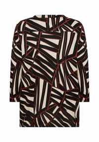 Top a maniche lunghe con un motivo nero, bianco e ruggine, dalla vestibilità ampia. Il tessuto è leggero e presenta forme geometriche astratte.