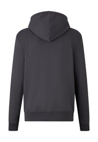 Donkergrijze hoodie met lange mouwen, ribbelmanchetten en -zoom, een gladde textuur en een slanke snit. Geen zichtbare graphics of accenten.