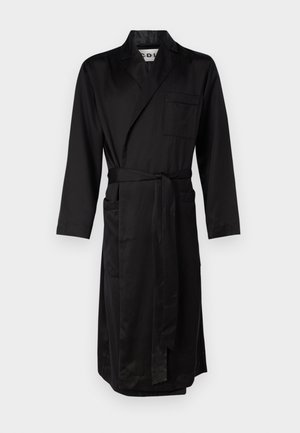 Black robe made of smooth fabric, featuring a shawl collar, long sleeves, belt tie, and a chest pocket. Simple design with a classic cut.