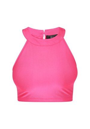 Felroze mouwloze cropped top met een hoge halslijn en een kleine sleutelgatopening aan de achterkant met knoopsluiting.