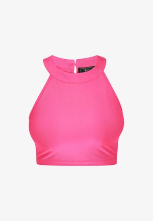 Top corto senza maniche di colore rosa acceso con collo alto e piccolo apertura a goccia sulla schiena con chiusura a bottone.