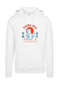 White hoodie featuring a blue illustration of a Shiba Inu in a kimono, set against an orange circle. Text includes "SHIBA INU" in bold letters.