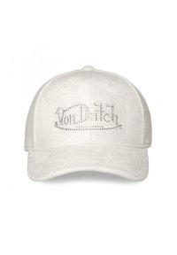 Casquette de baseball blanche avec une visière courbée. Présente le logo "Von Dutch" en strass argentés. Fabriquée en tissu texturé avec des détails de couture.
