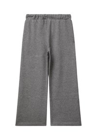 Graue weit geschnittene Hose mit elastischem Bund aus weichem Strickstoff, flach auf einem weißen Hintergrund ausgelegt.